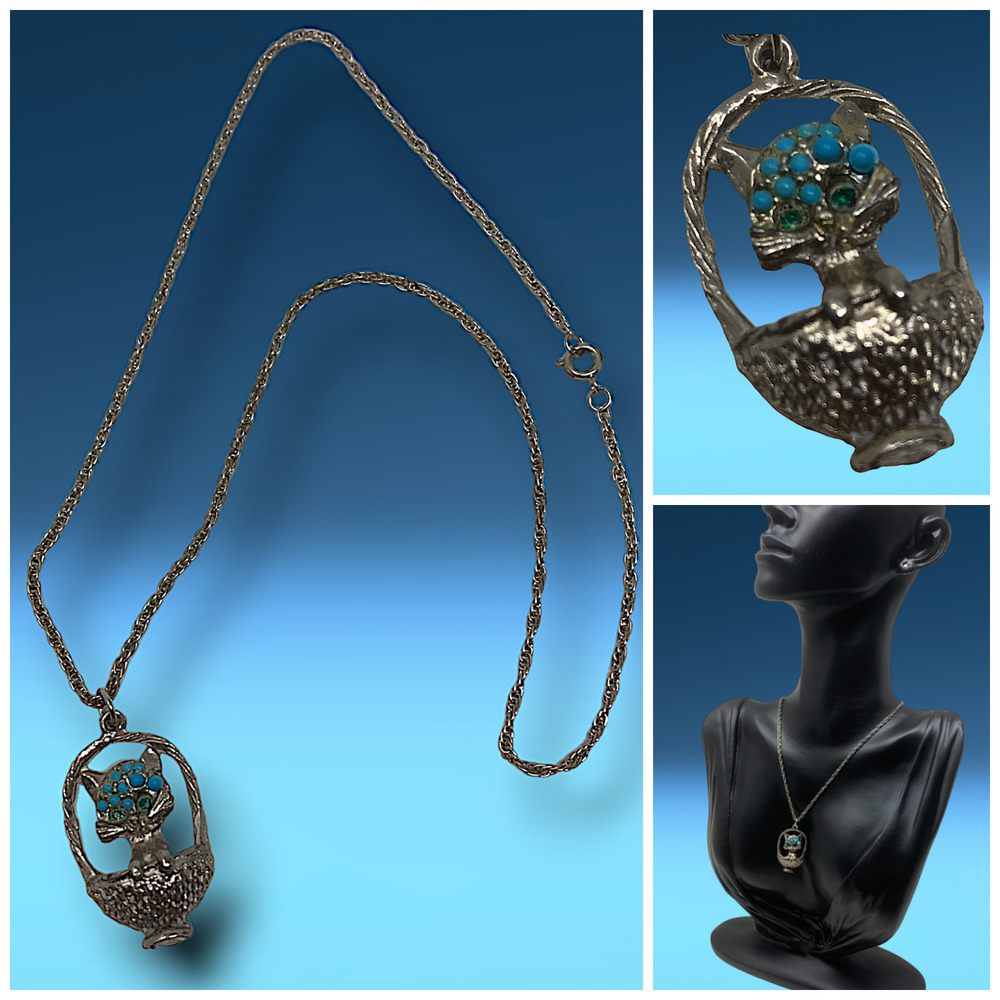 Vintage 1970's Kitten in Basket Silver Tone Necklace Green Rhinestone Eyes